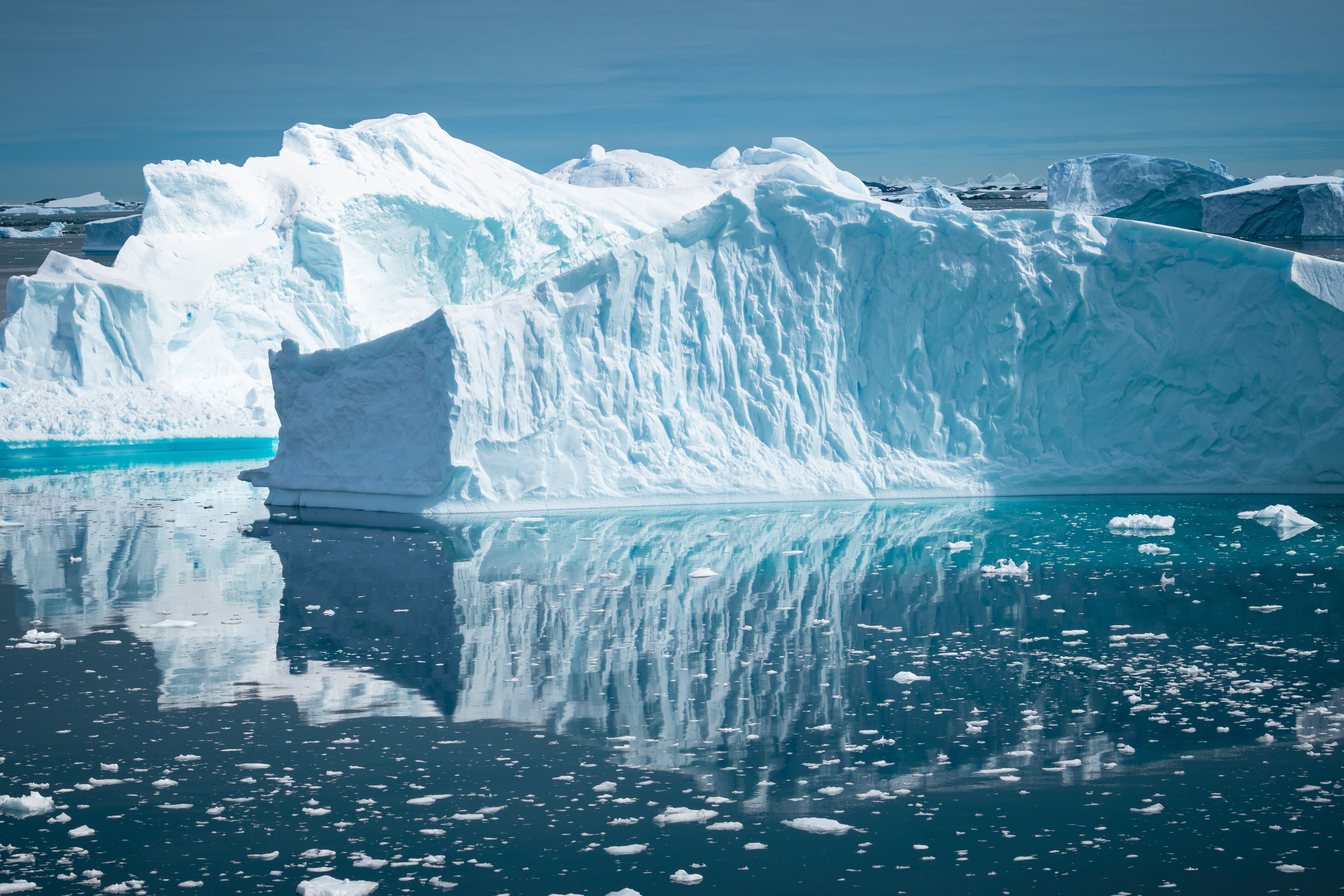 Floating,Icebergs,Reflecting,In,The,Cold,Water,Under,A,Blue