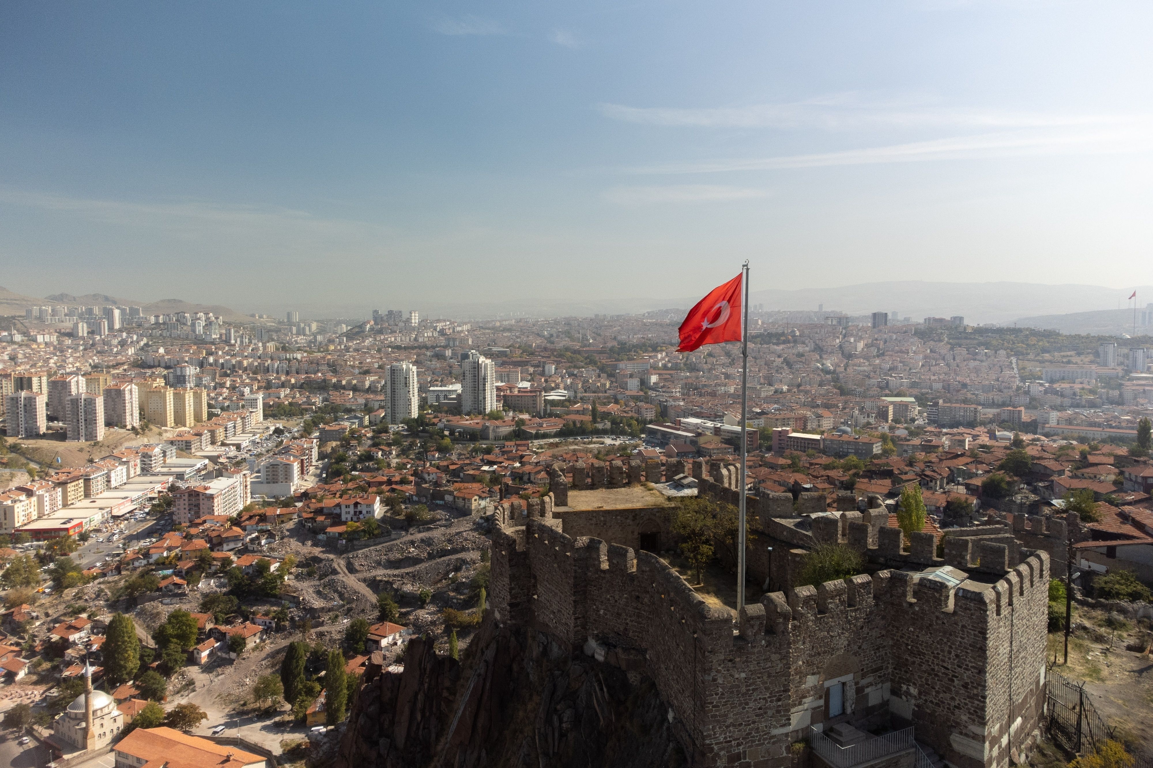 Aerial,View,On,Ancient,Ankara,Fortress,With,Turkish,Flag