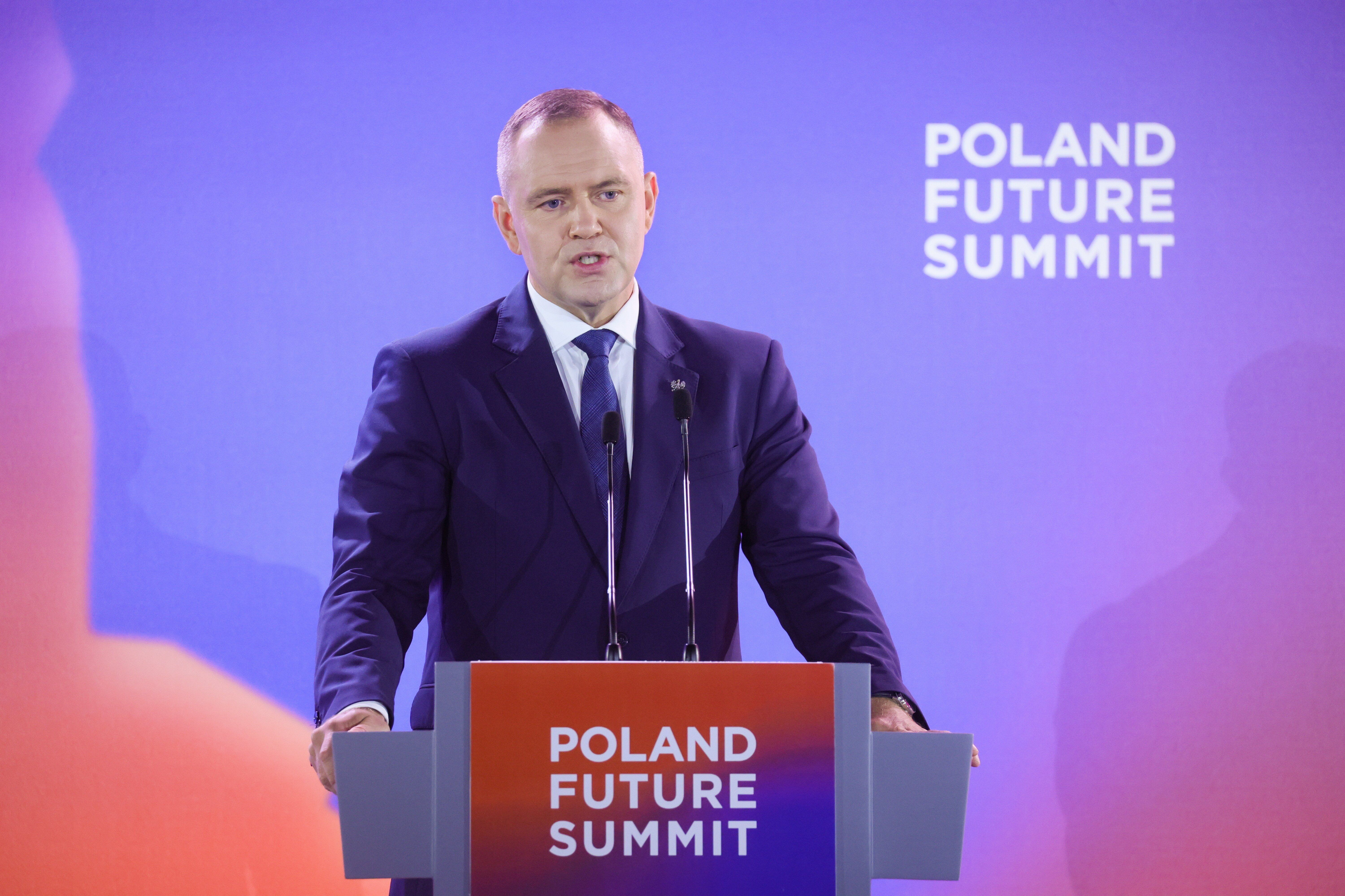 Prezydent RP Karol Nawrocki podczas przemówienia na konferencji Poland Future Summit w Warszawie