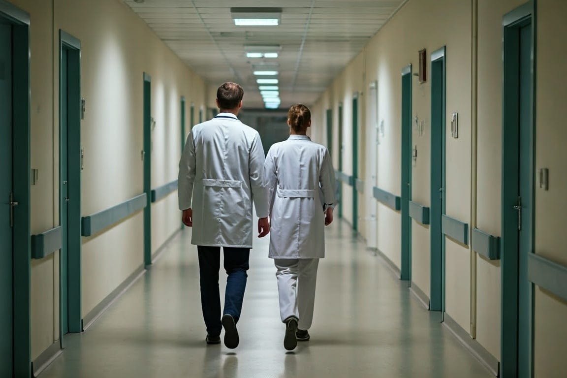 The,Picture,Shows,Two,Medics,Walking,Down,A,Hospital,Corridor.
