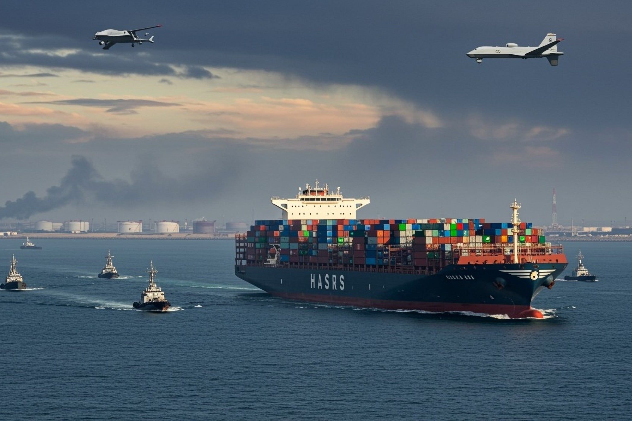 Outdoor,Photo,Of,A,Large,Container,Ship,Transiting,The,Strait
