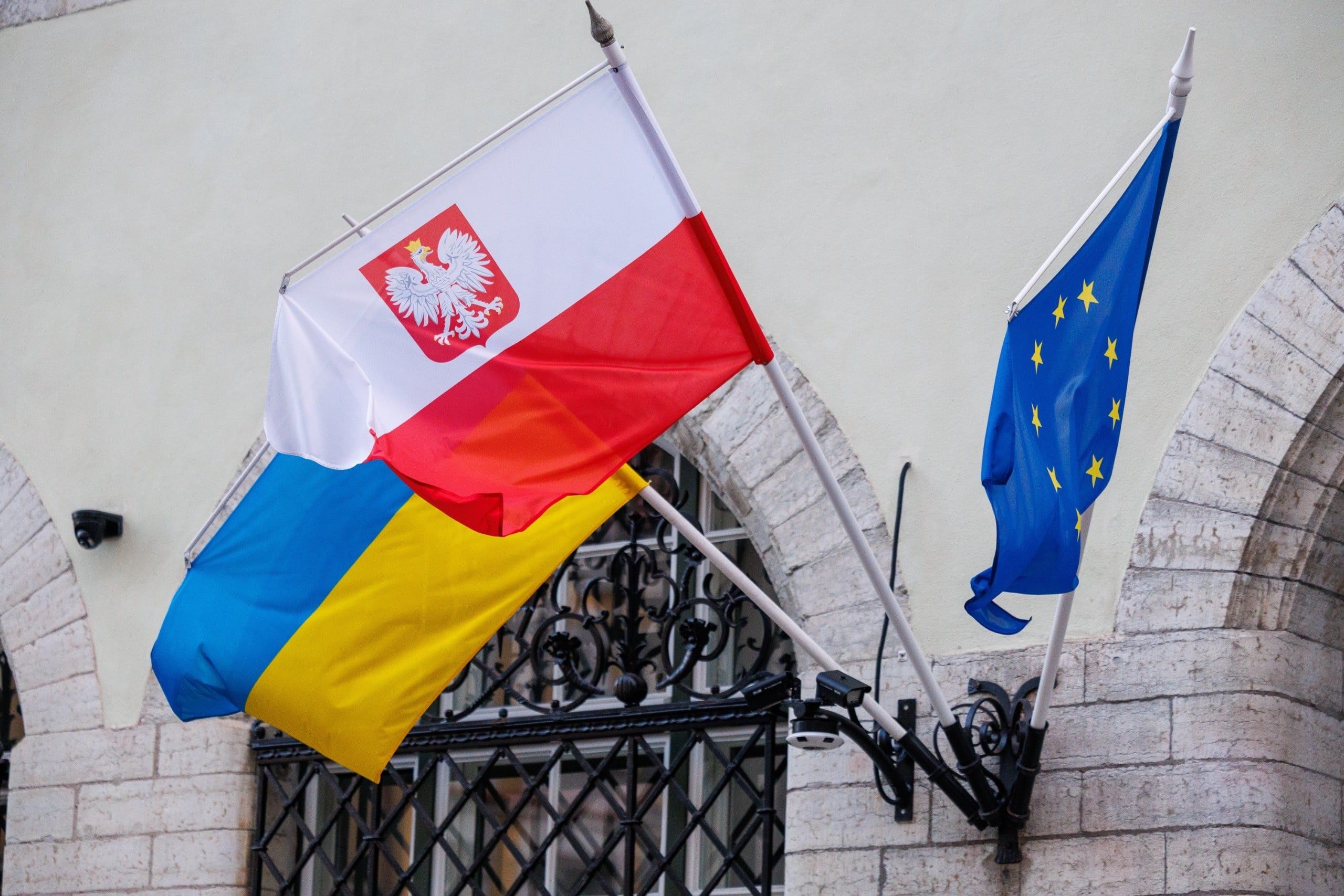 Poland,–,Polish,,Ukrainian,And,European,Union,Flags,Displayed,Together