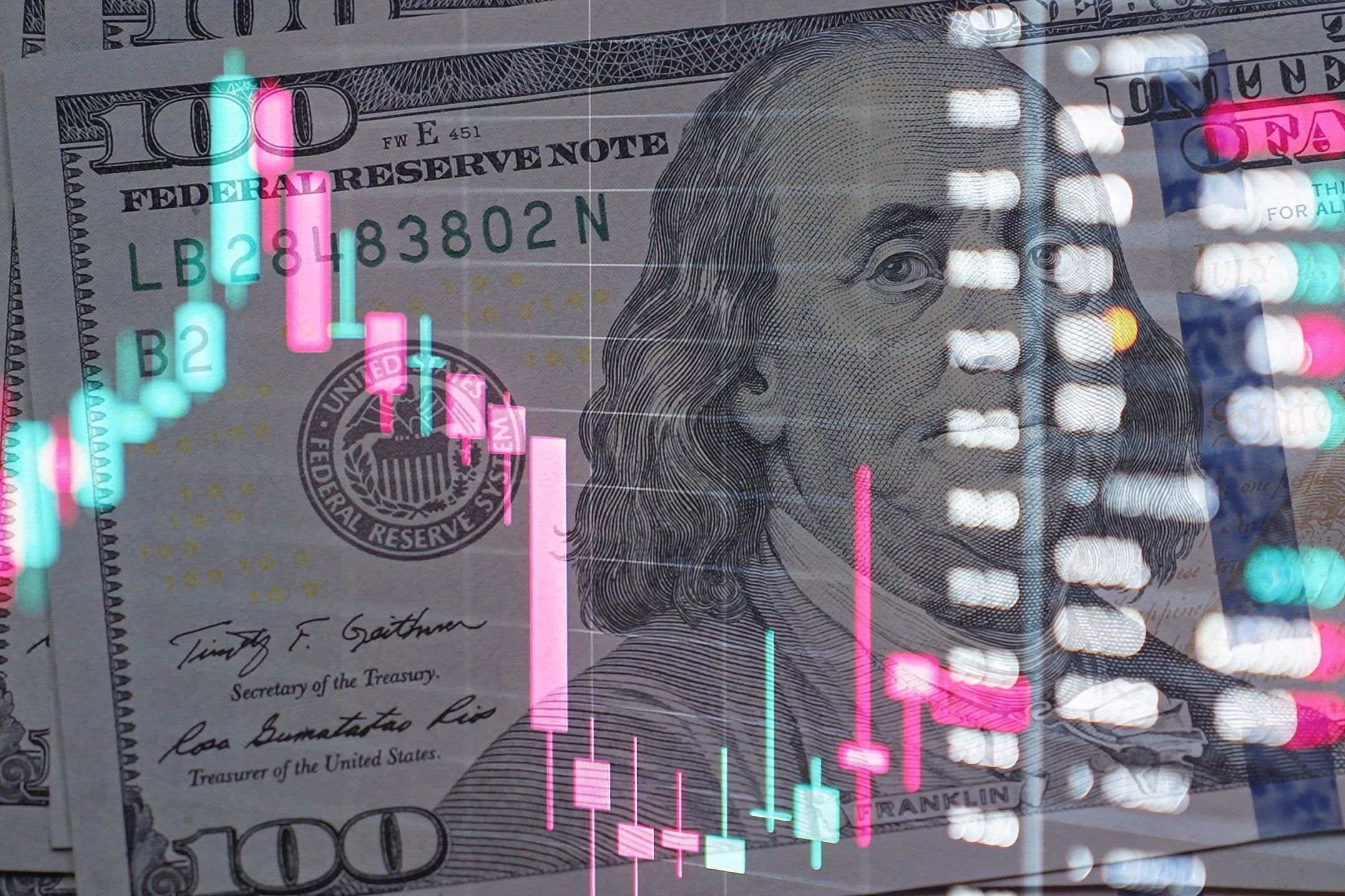 Red,Green,Candlestick,Chart,Moving,Over,Dollar,Bills.,Stock,Market