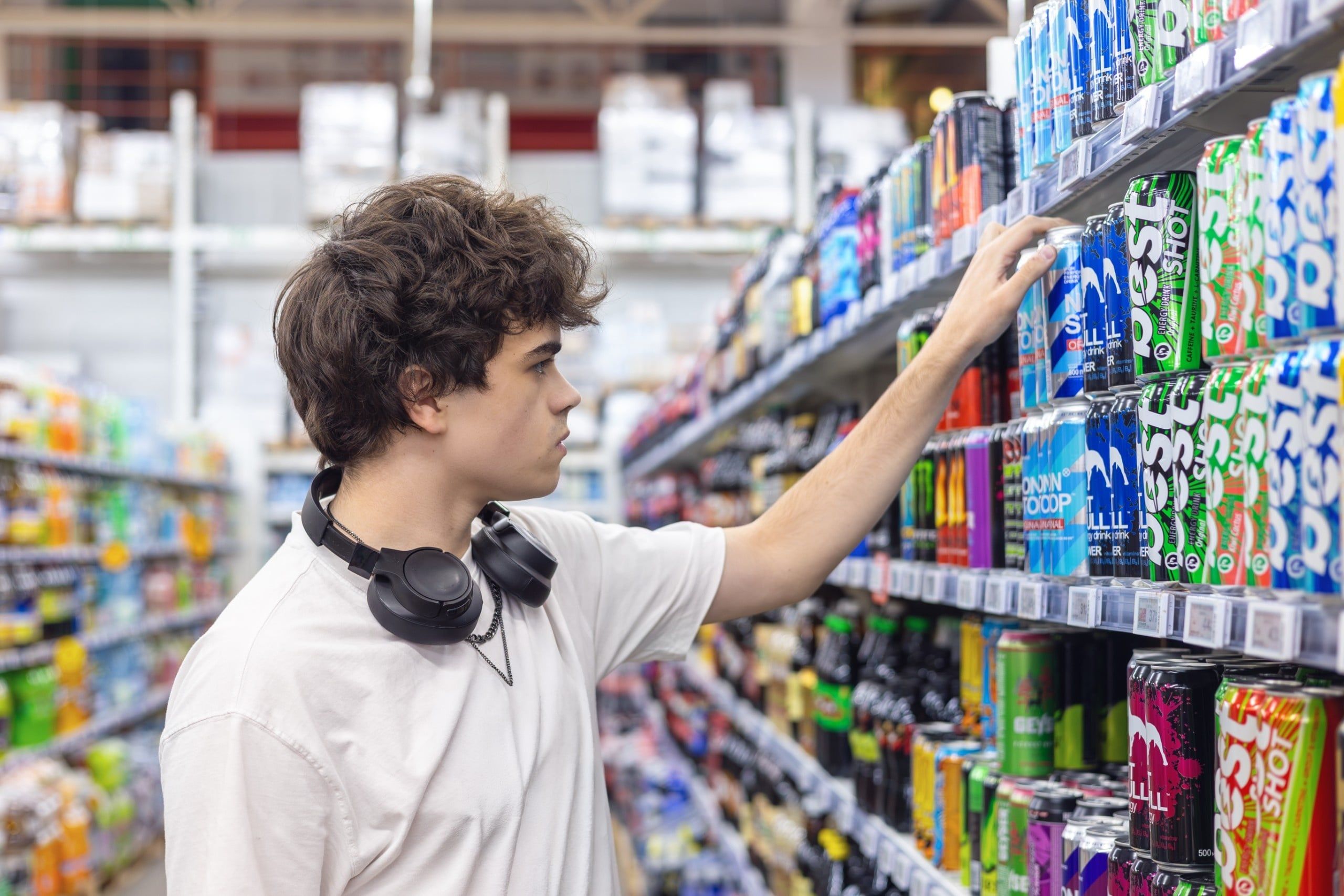 Teenage,Boy,Choosing,An,Energy,Drink,In,Supermarket,And,Reading