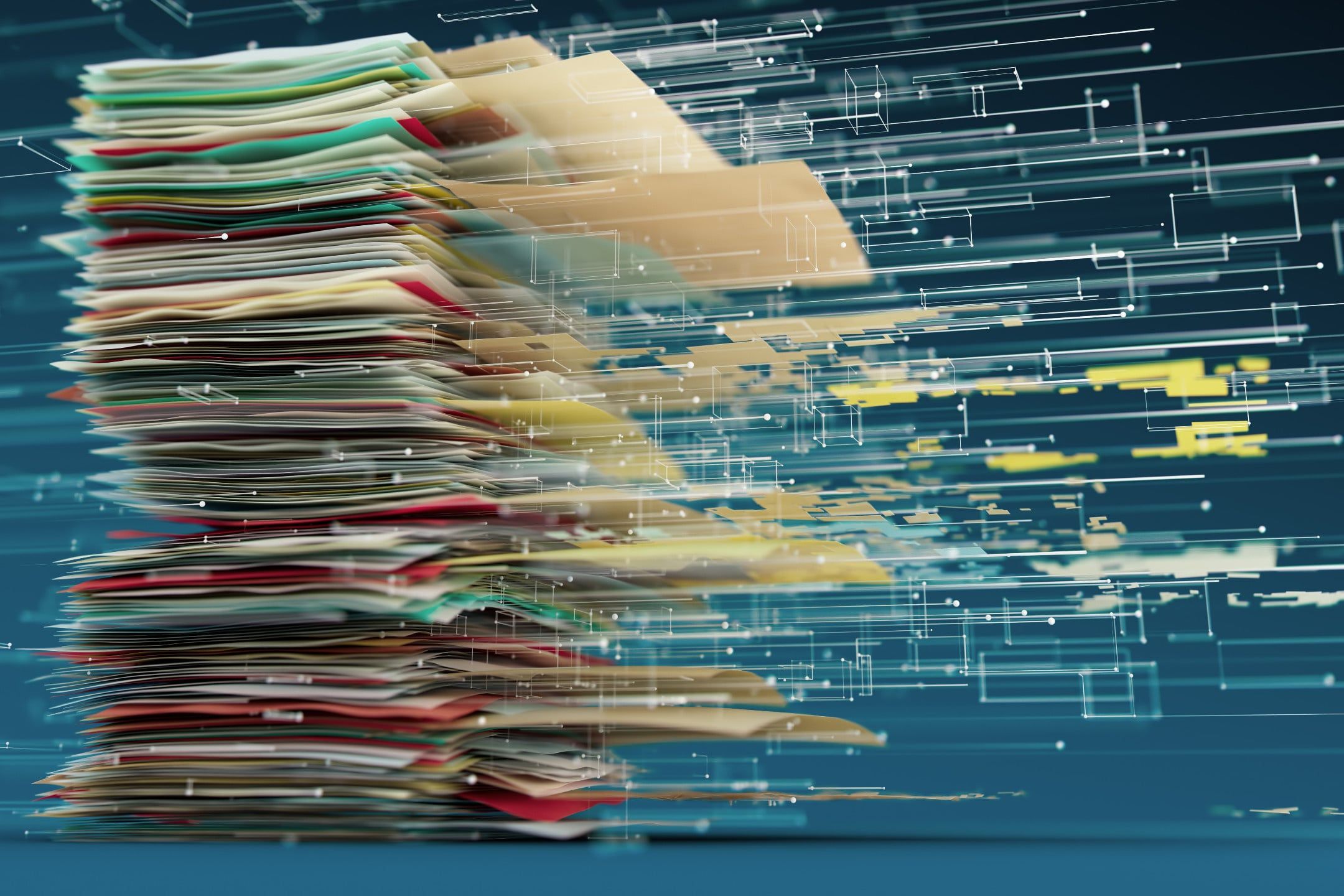 Digital Transformation of Paper Documents Stack Into Data Stream - Conceptual 3D Render
