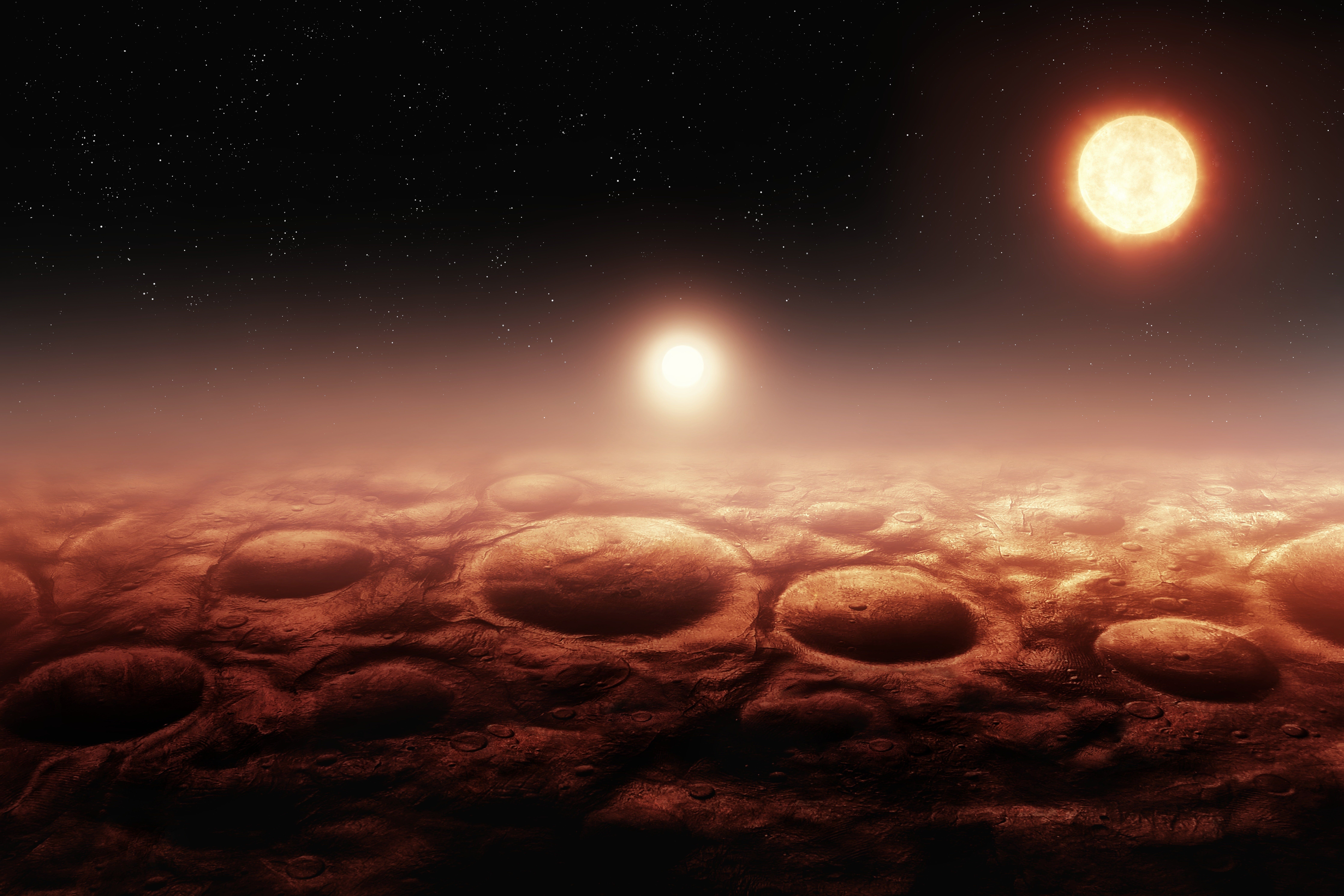 Two,Suns,Over,An,Exoplanet.,Alien,Surface,With,Impact,Craters.