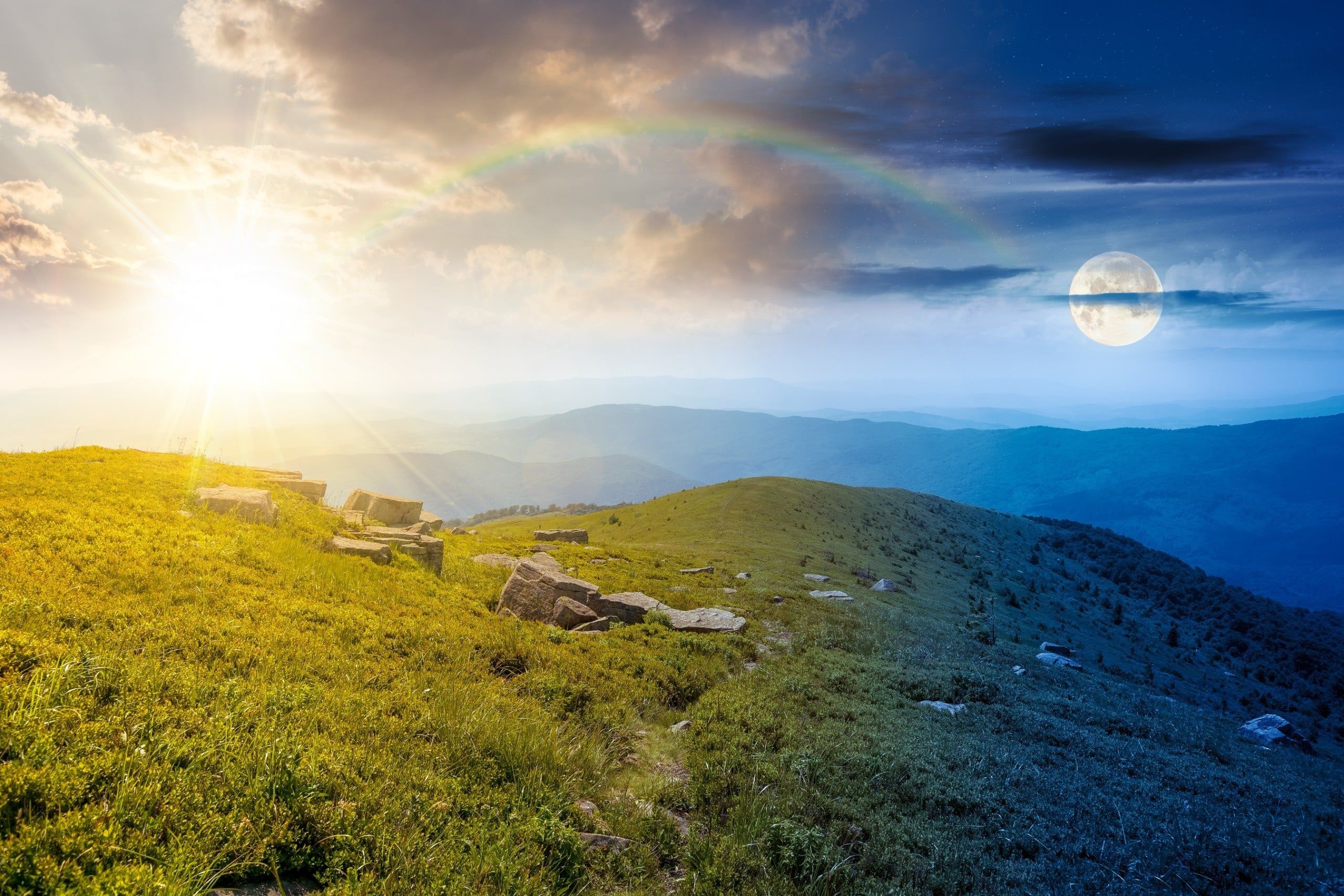 Mountain,Landscape,On,Mid,Summer.,Day,And,Night,Time,Change