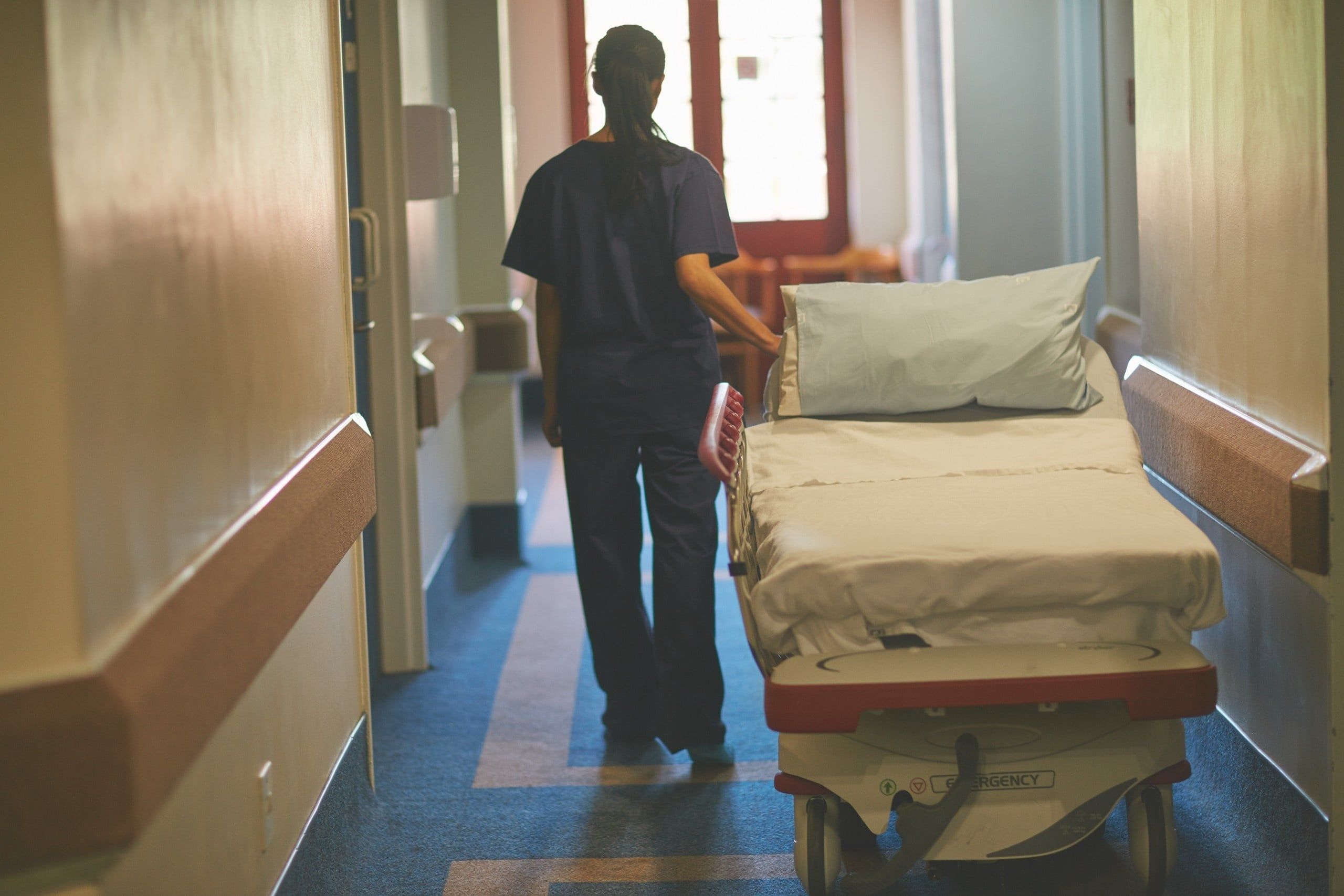 Nurse,,Gurney,And,Walking,With,Of,Woman,In,Hospital,For