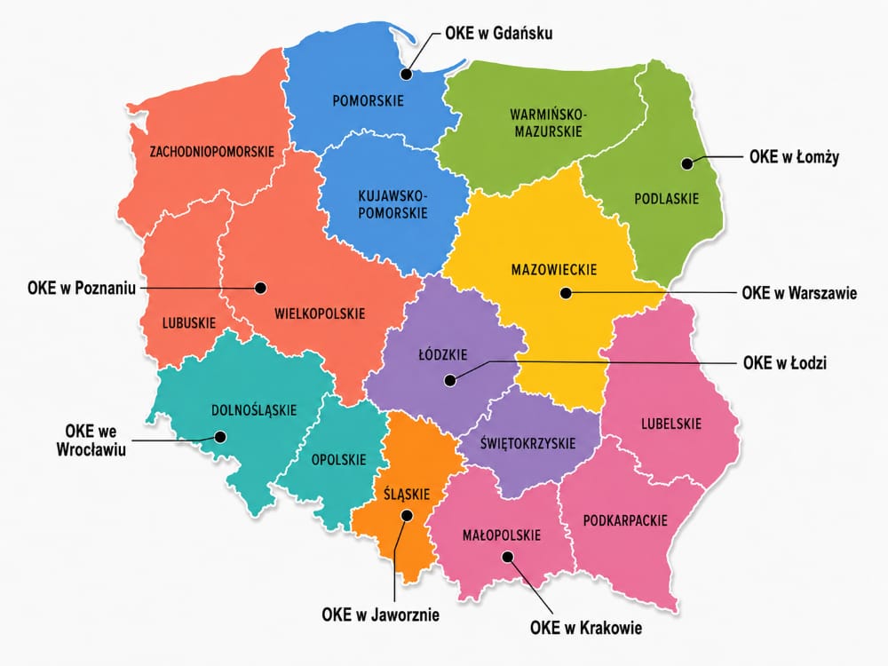 Mapa Polski z zaznaczonymi siedzibami ośmiu okręgowych komisji egzaminacyjnych w poszczególnych województwach