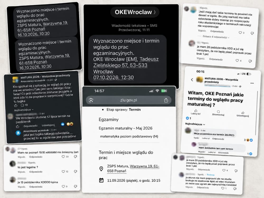Zrzuty ekranu z wiadomości SMS i komentarzy na Facebooku pokazujące jesienne terminy wglądu do prac maturalnych wyznaczone przez OKE we Wrocławiu i w Poznaniu