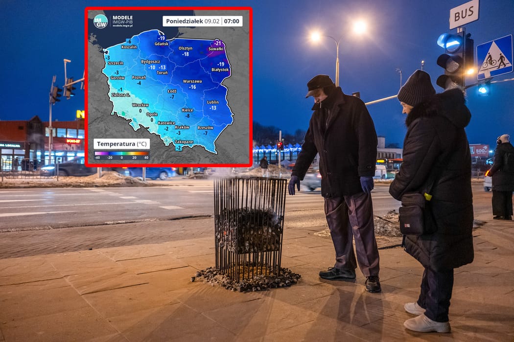 Ludzie w kurtach zimowych stoją przy miejskim koksowniku