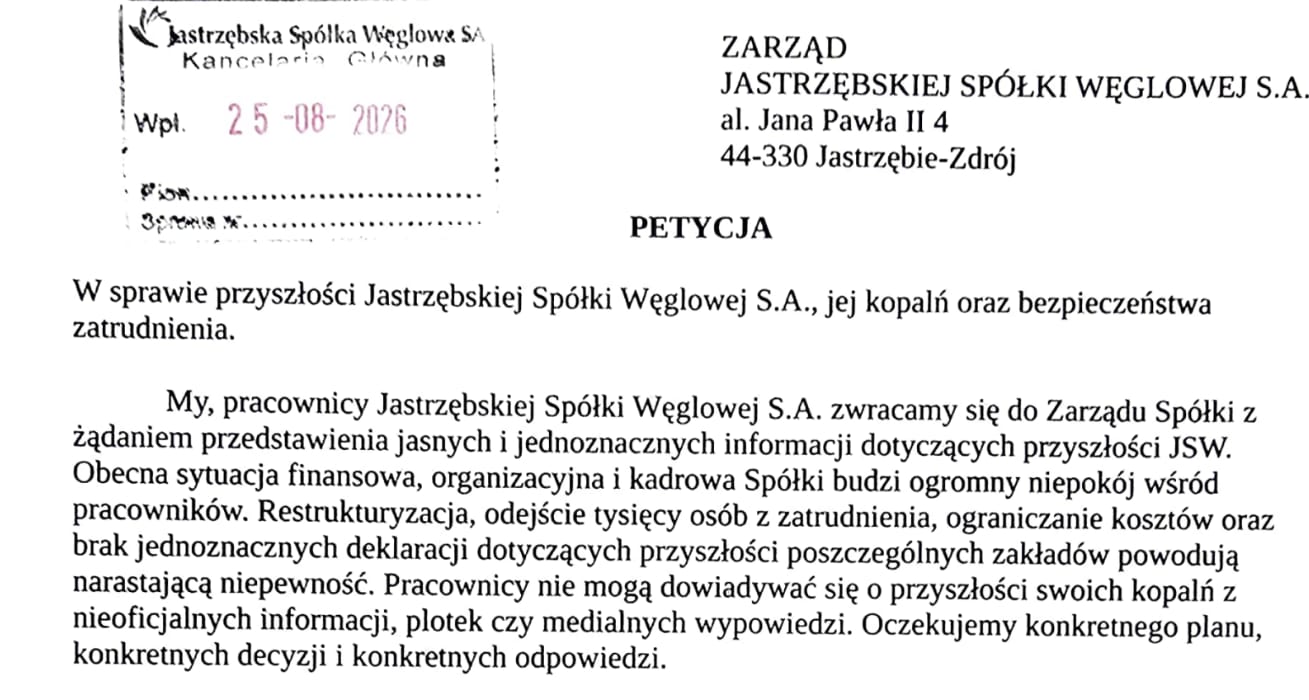 Fragment petycji związkowców do zarządu JSW