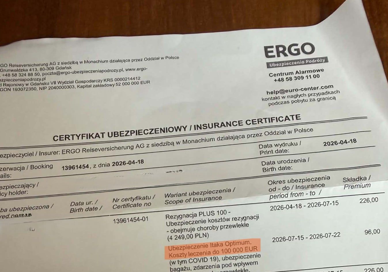 Polisa pani Marzeny, z której usunęliśmy dane wrażliwe