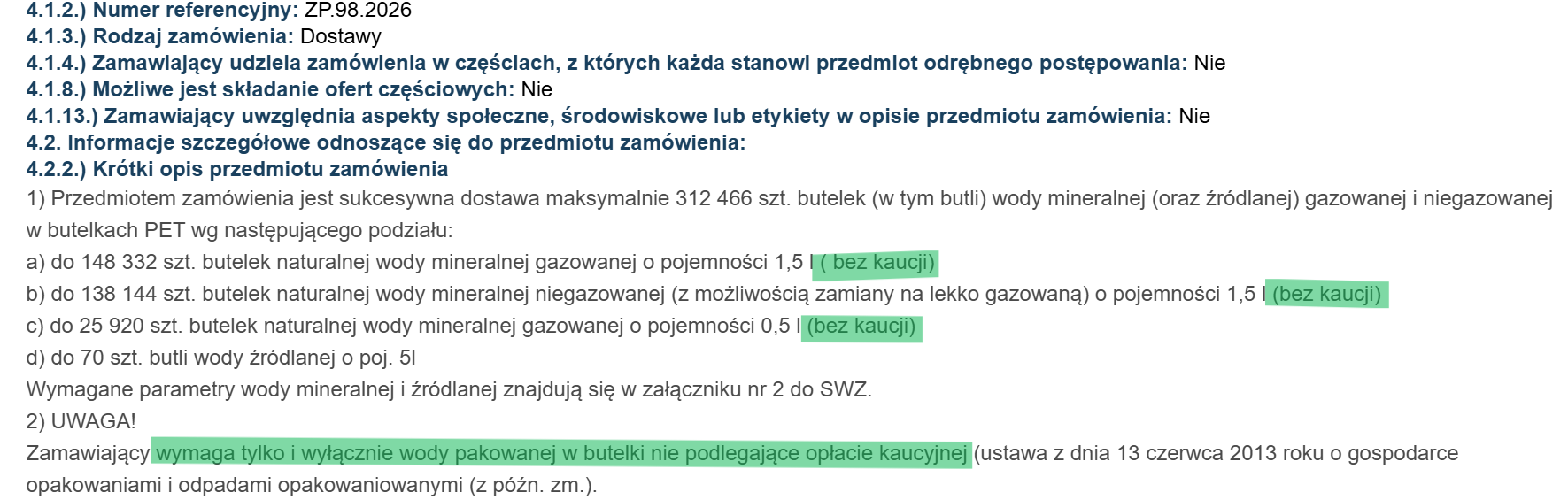 Szczegóły zamówienia w przetargu na dostawę wody dla Komendy Wojewódzkiej Policji w Krakowie