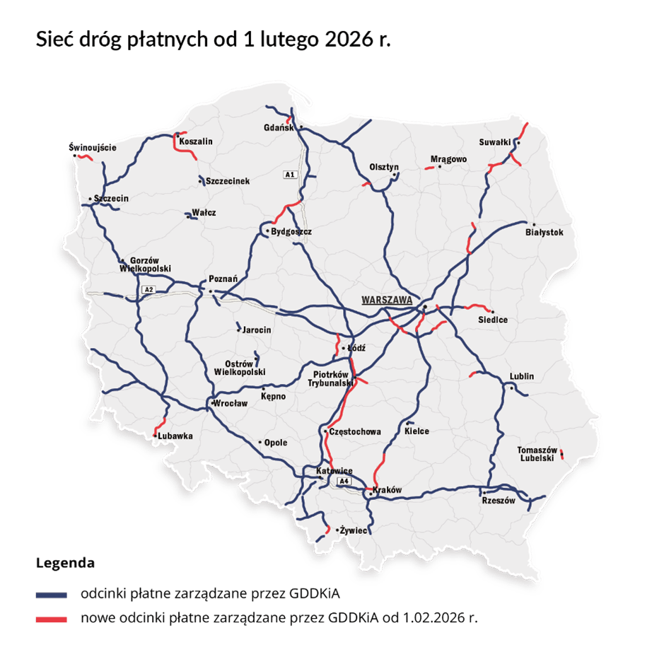 Sieć dróg płatnych o 1 lutego 2026 r.