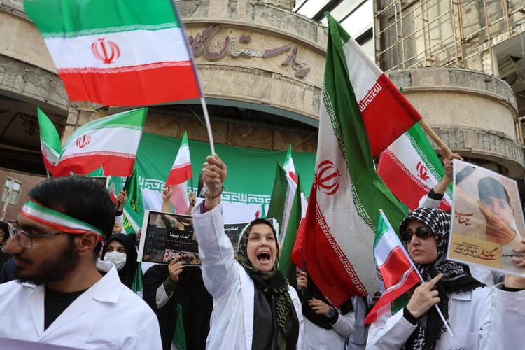 Medical personnel protest outside destroyed Gandhi Hospital