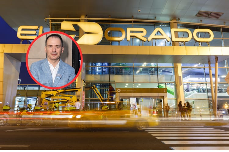 Międzynarodowe lotnisko El Dorado w Bogocie, na którym doszło do zatrzymania oficera rosyjskich służb Denisa Alimowa. W kółku fotografia dziennikarza śledczego Christo Grozeva.