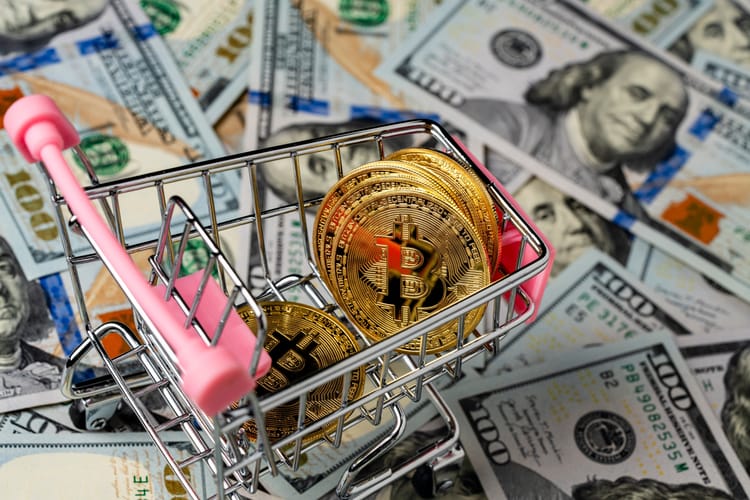 Cryptocurrency,Golden,Bitcoin,Coins,In,Little,Shopping,Trolley,On,Us