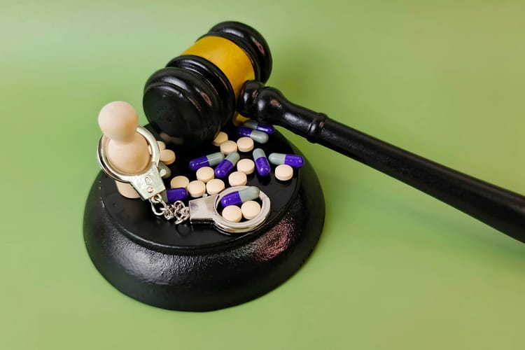 Wooden,Dolls,With,Handcuffs,,Capsules,,Pills,,And,Judge,Gavel,,Drug