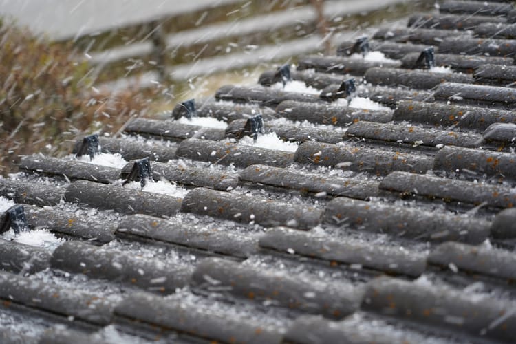 Tiled,Roof,In,Hail.,The,Roof,Of,A,House,In